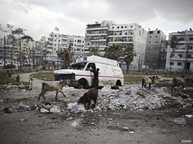  <p class='fr'>
	Une ambulance abandonnée à Machhad, un quartier de la partie libérée de la ville, devenu un des bastions de l'ASL.
	</p> <p class='en'>
	An abandoned ambulance in Moshed, a neighborhood in a liberated part of the city which is a Free Syrian Army stronghold.
	</p>